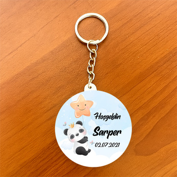 Panda ile Yıldız Balon Temalı Daire Plastik Anahtarlık