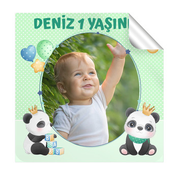 Panda ile Yıldızlı Çerçeve Temalı Doğum Günü  Kare Etiket