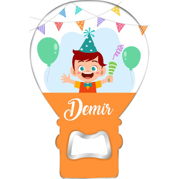 Parti Zamanı Erkek Çocuk ile Turuncu Yarım Fon Temalı Balon Ahşap Magnet 