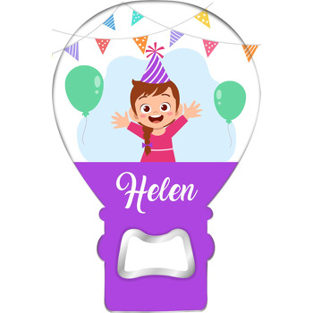 Parti Zamanı Kız Çocuk ile Mor Yarım Fon Temalı Balon Ahşap Magnet 