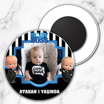Patron Bebek Mavi Çerçeve Çizgili Fon Temalı Daire Plastik Doğum Günü Magnet