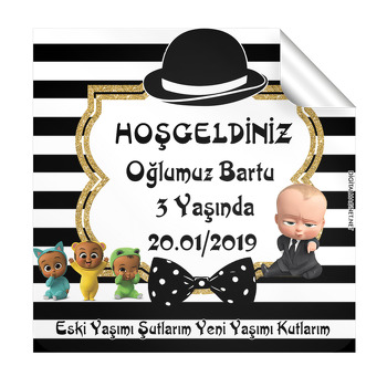 Patron Bebek Siyah Beyaz Temalı Parti Doğum Günü Kare Etiket