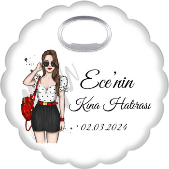 Pauntiye Tshirtlü Kız ile Kına Hatırası Temalı Çiçek Şekilli Magnet Açacak