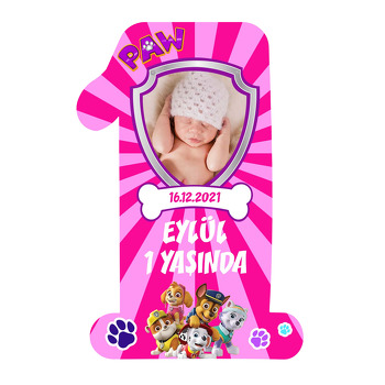 Paw Patrol Pembe Çizgili Fon Temalı Doğum Günü Magnet