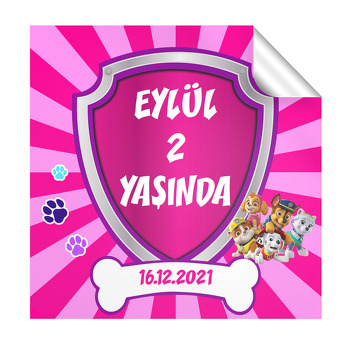 Paw Patrol Pembe Çizgili Fon Temalı Kare Parti Etiket