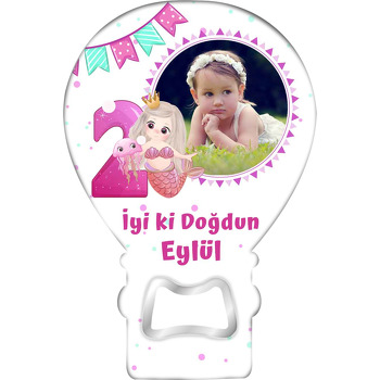 Pembe 2 Yaş ile Denizkızı Temalı Balon Ahşap Magnet 
