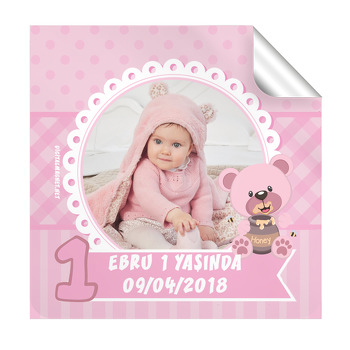Pembe Ayıcık Temalı 1 Yaş Doğum Günü  Kare Etiket