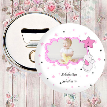 Pembe Baby Fil  Temalı Fotoğraflı Magnet Açacak