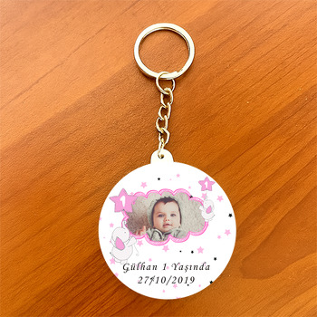 Pembe Baby Fil Temalı Resimli Daire Plastik Anahtarlık