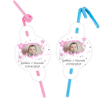 Pembe Baby Fil Temalı Resimli Pipet ve Kartı