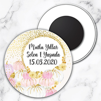 Pembe Balkabağı Temalı Daire Plastik Hediyelik Magnet