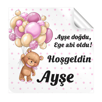 Pembe Balonla Uçan Ayı ile Yıldızlar Temalı Kare Parti Etiket