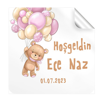 Pembe Balonla Uçan Sevimli Kız Ayı Temalı Kare Parti Etiket