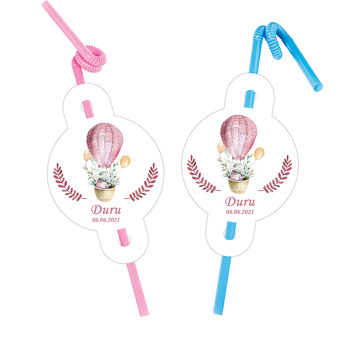 Pembe Balonla Uçan Tavşan Temalı Pipet ve Kartı
