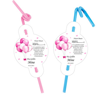 Pembe Balonlar ile Kalpli Nazar Duası Temalı Pipet ve Kartı