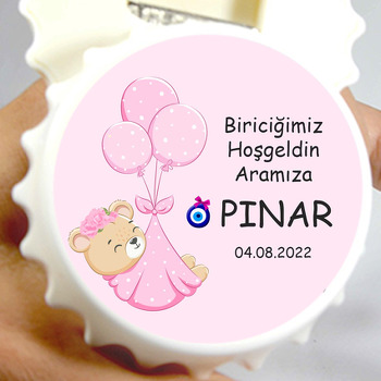 Pembe Balonlarla Bohçada Ayıcık Temalı Kapak Şekilli Magnet Açacak