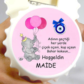 Pembe Balonlu Fil ile Nazar Boncuğu Temalı Kapak Şekilli Magnet Açacak