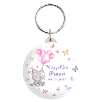 Pembe Balonlu Fil ile Renkli Kelebekler Temalı Anahtarlık