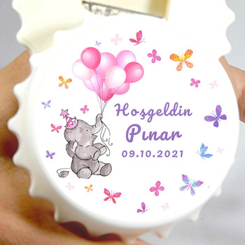 Pembe Balonlu Fil ile Renkli Kelebekler Temalı Kapak Şekilli Magnet Açacak
