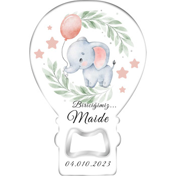 Pembe Balonlu Fil ile Yaprak Çerçeve Temalı Balon Ahşap Magnet 