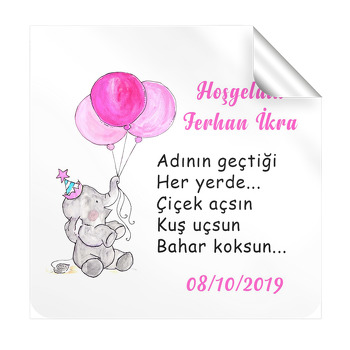 Pembe Balonlu Fil Temalı Kare Etiket