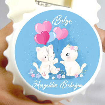 Pembe Balonlu Kediler Temalı Kapak Şekilli Magnet Açacak