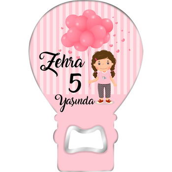 Pembe Balonlu Örgü Saçlı Kız Temalı Balon Ahşap Magnet 