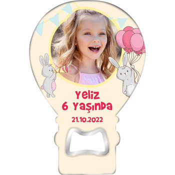 Pembe Balonlu Tavşan ile Sarı Fon Temalı Balon Ahşap Magnet 