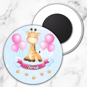 Pembe Balonlu Zürafa Temalı Daire Plastik Magnet