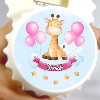 Pembe Balonlu Zürafa Temalı Kapak Şekilli Magnet Açacak