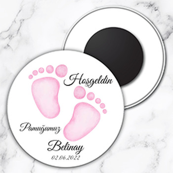 Pembe Baskı Ayak İzi Temalı Daire Plastik Magnet