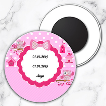 Pembe Baykuşlar 2 Temalı Daire Plastik Magnet