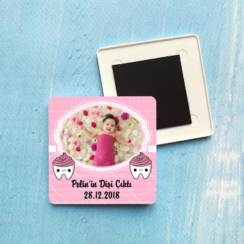 Pembe Beyaz Çerçeveli Diş Buğdayı Plastik Kare Magnet