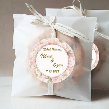 Pembe Beyaz Güller ile Daire Çerçeve Temalı Sticker