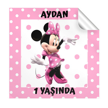 Pembe Beyaz Puantiye Fonda Minnie Mouse Temalı Kare Etiket