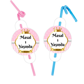Pembe Beyaz Puantiye ile Gold Çerçeve Temalı Pipet ve Kartı