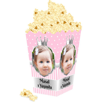 Pembe Beyaz Puantiye ile Gümüş Çerçeve Temalı Popcorn Kutusu