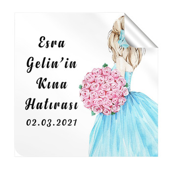 Pembe Bukletli Gelin Temalı Kare Etiket 