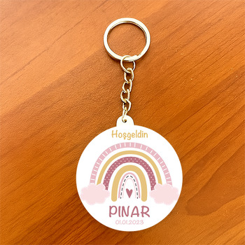 Pembe Bulutlu Gökkuşağı Temalı Daire Plastik Doğum Günü Anahtarlık