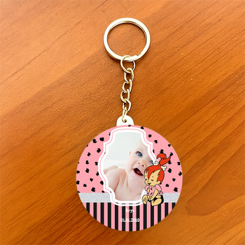 Pembe Çakıl Temalı Resimli Daire Plastik Anahtarlık