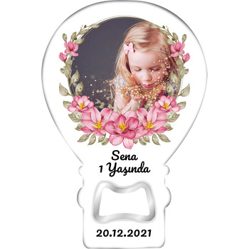 Pembe Çelenk Çiçek Temalı Balon Ahşap Magnet 