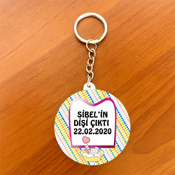 Pembe Çerçeveli Diş Temalı Daire Plastik Anahtarlık