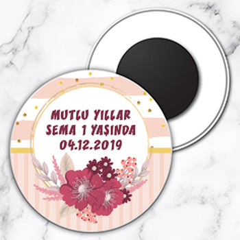 Pembe Çiçek Çerçeve Temalı Daire Plastik Magnet