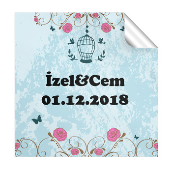 Pembe Çiçek Desenli Söz Nişan Nikah Kare Etiket