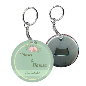 Pembe Çiçek ile Sarı Çerçeveli Yeşil Fon Temalı Arkası Açacak Anahtarlık