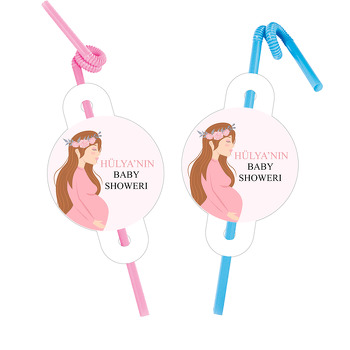 Pembe Çiçek Taçlı Hamile Anne Temalı Pipet ve Kartı
