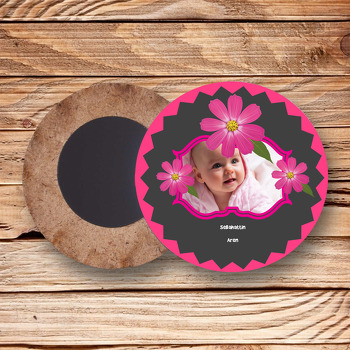 Pembe Çiçek Temalı Ahşap Daire Magnet