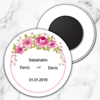 Pembe Çiçek Temalı Söz Nişan Nikah Daire Plastik Magnet