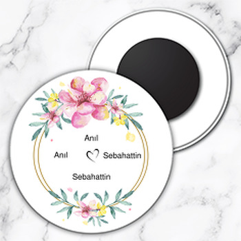 Pembe Çiçekler 2 Temalı Söz Nişan Nikah Daire Plastik Magnet