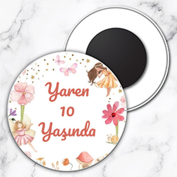 Pembe Çiçekler ile Periler Temalı Daire Plastik Doğum Günü Magnet